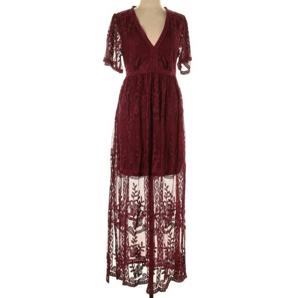 Red Wine Merlot Lace Deep V Plunge Large Romper - Picture 1 of 3